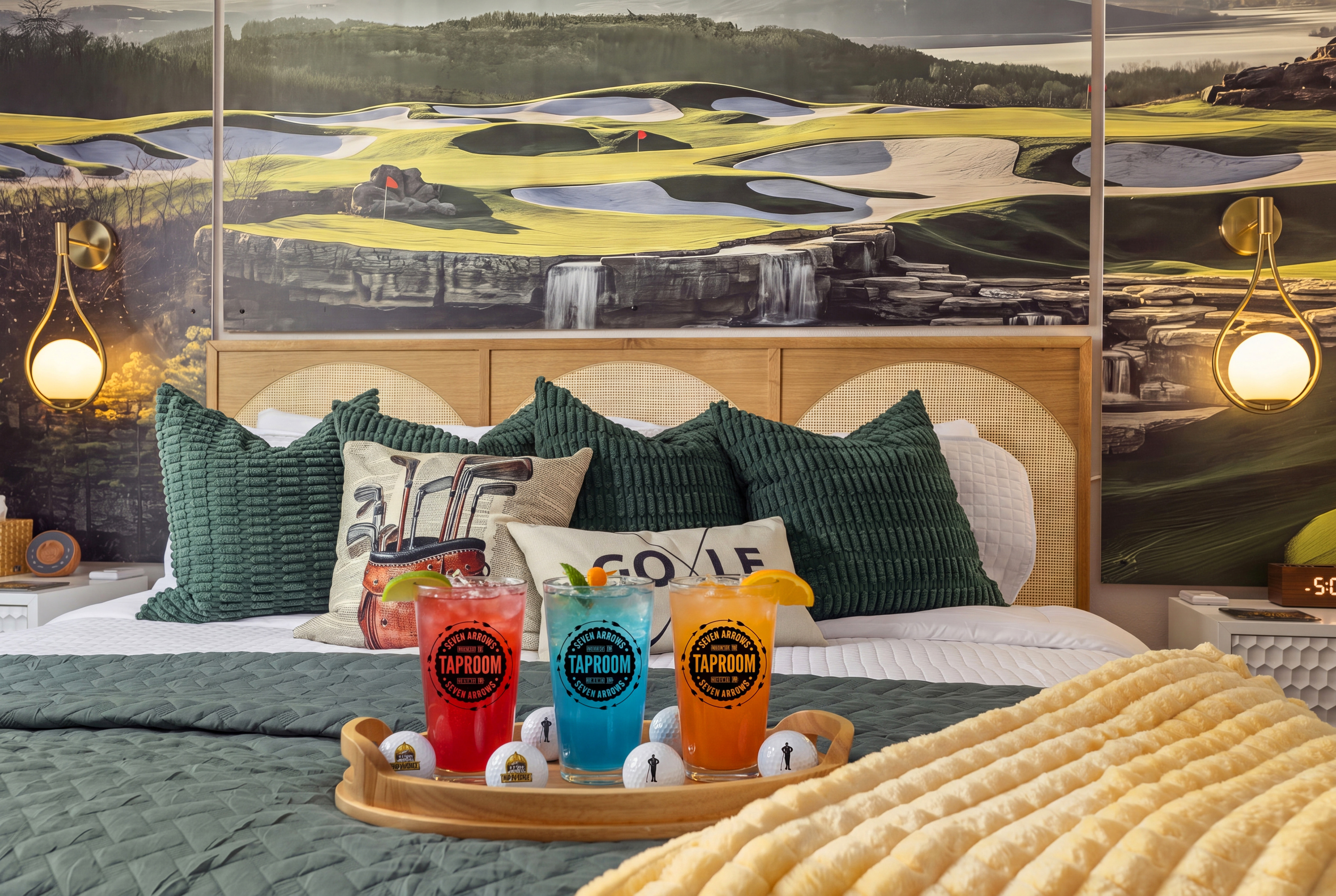 A welcome round of mocktails waiting on the bed for the golf crew.