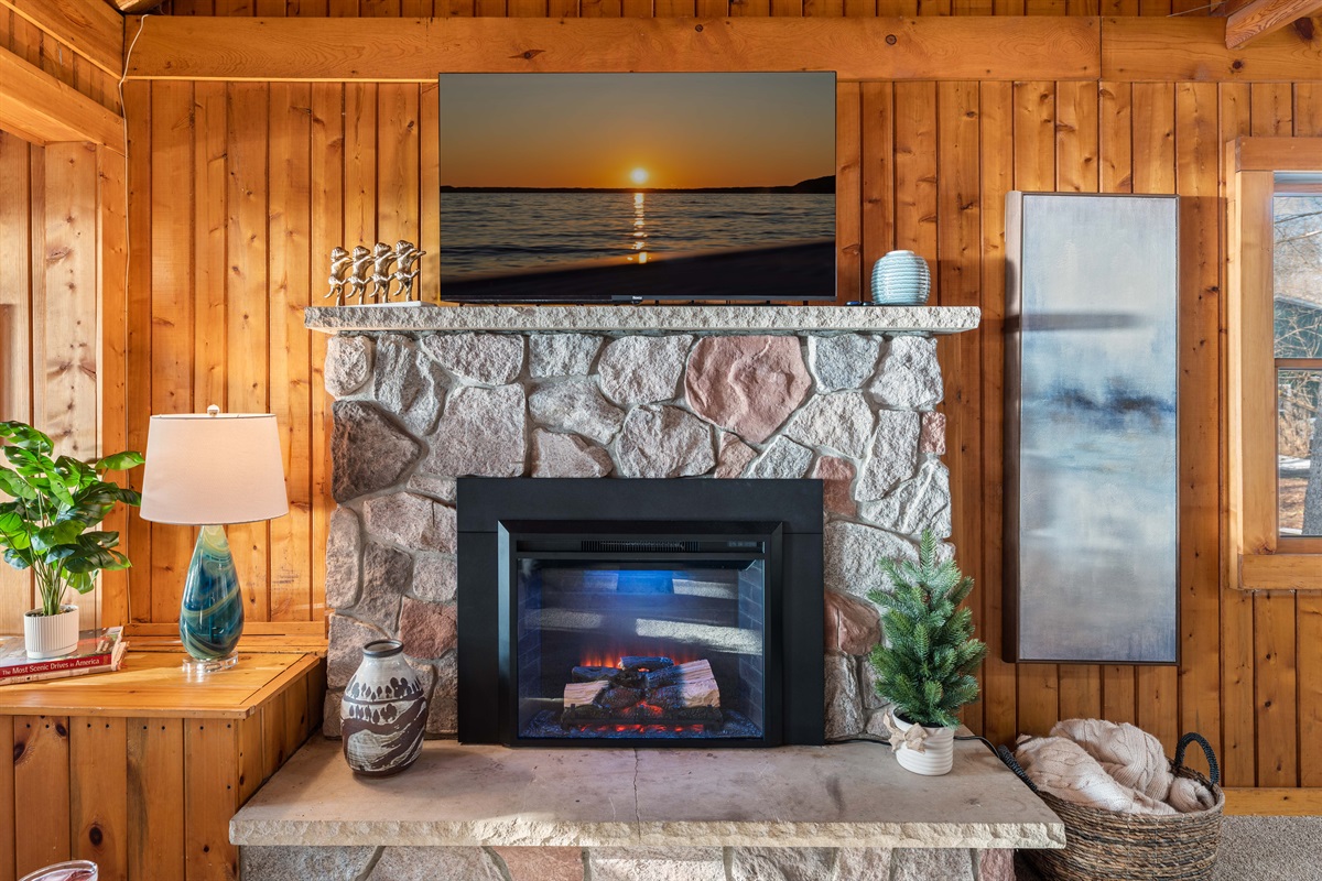 Enjoy the cozy fireplace while you chat about your day.