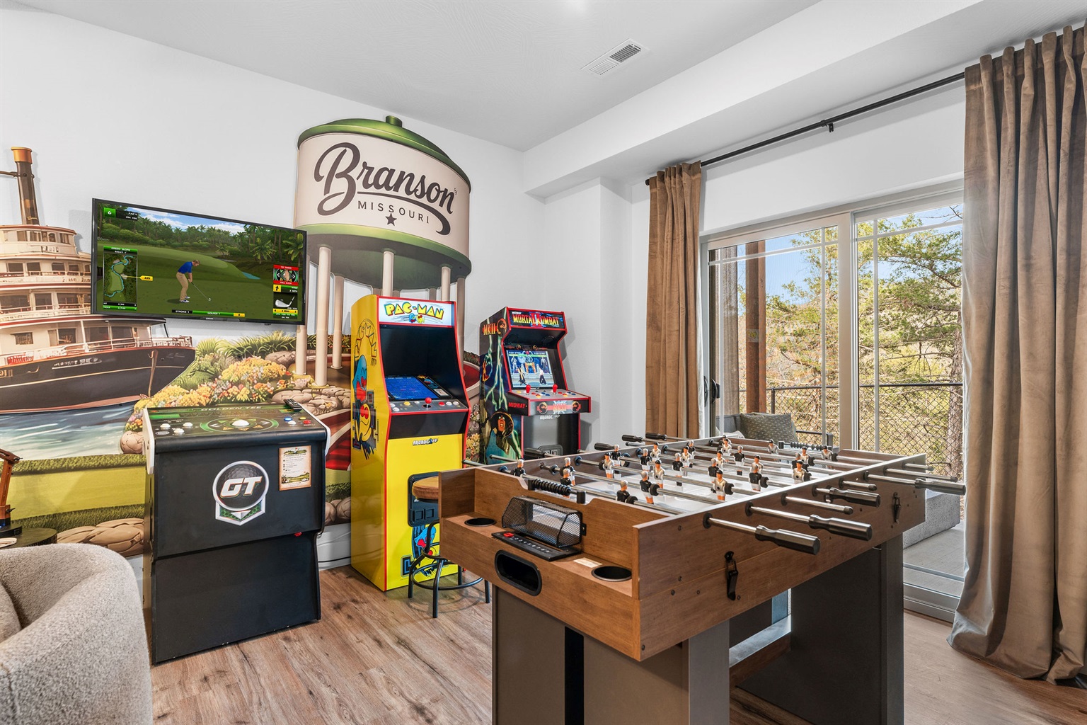 Enjoy the game room with foosball, pacman, shuffleboard and your very own commercial-grade Golden Tee game!