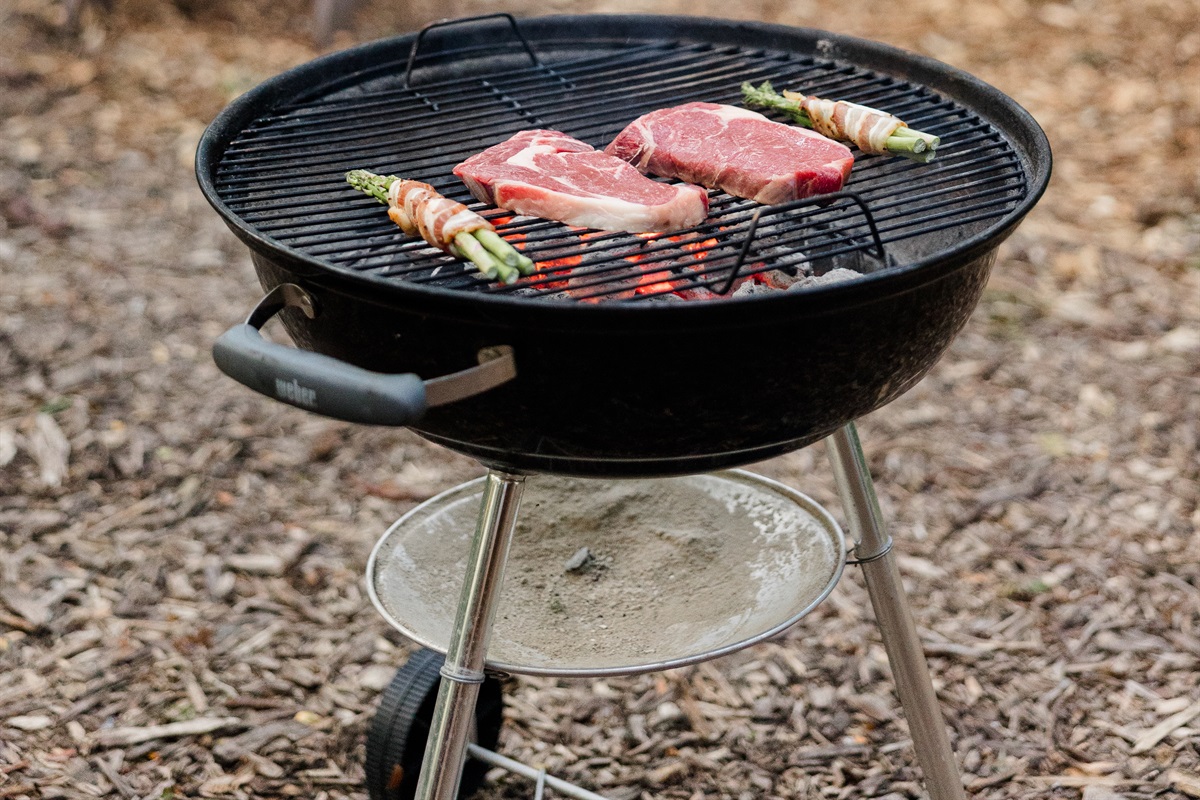 Grill, charcoal, lighter fluid, lighter, tongs and spatula provided.