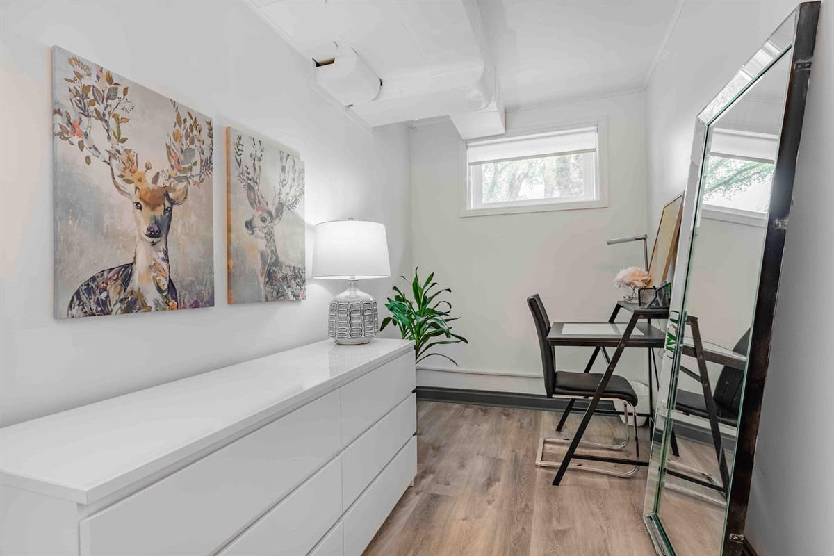 Basement workspace and dresser — ideal for longer stays