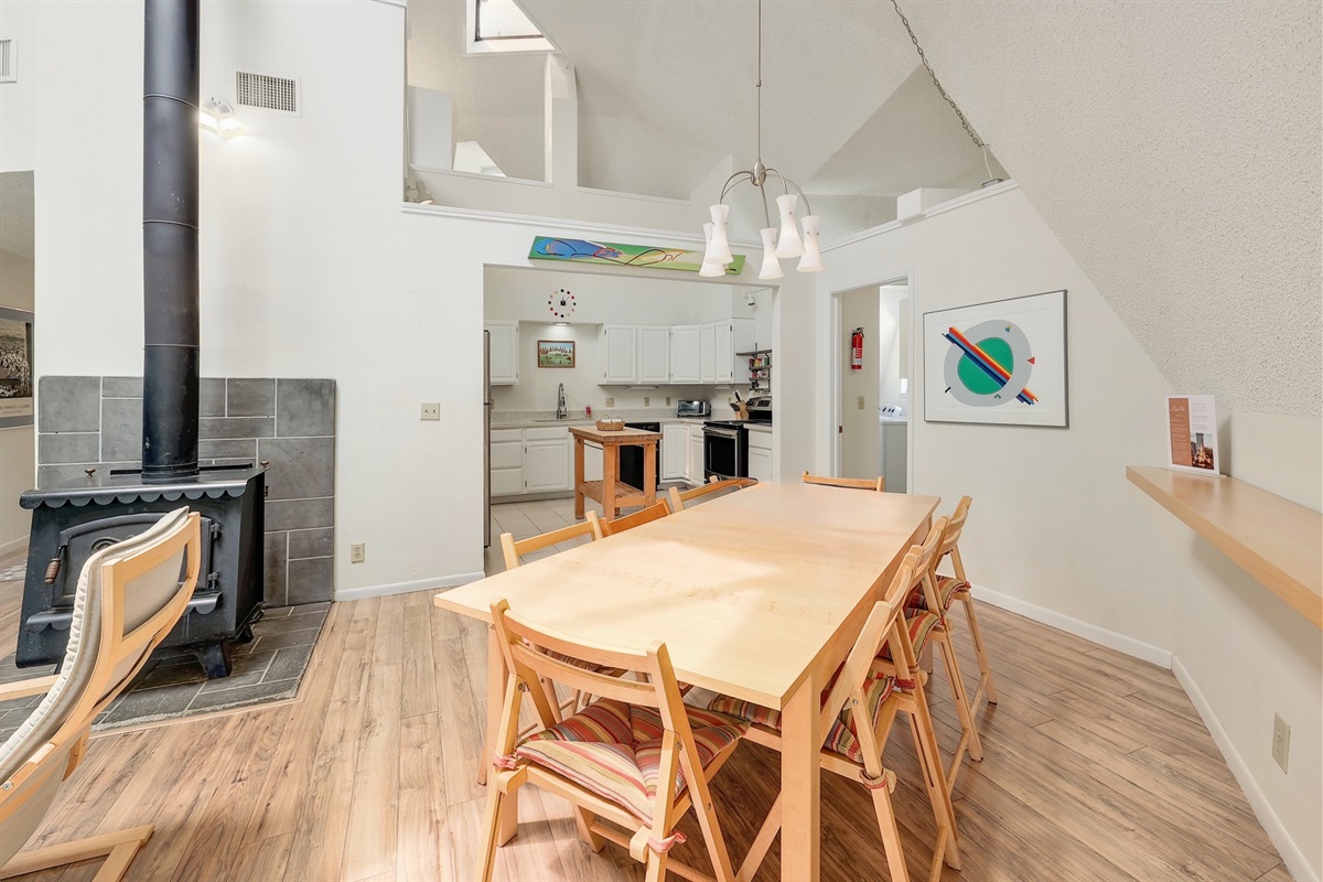 Dining table has seating for eight