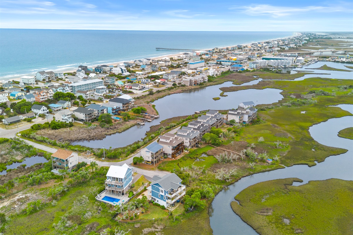 Stunning aerial view of Surf City coastline with the pier just minutes away