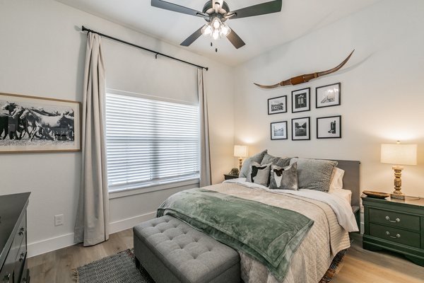 The Fort Worth Room with queen bed, smart TV, ceiling fan and clothing storage