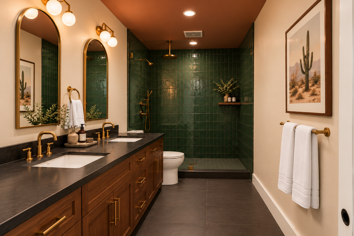 {Bathroom 4} A bold desert-modern retreat with rich green tile, walnut cabinetry, black countertops, brass accents, and a warm Cavern Clay ceiling.