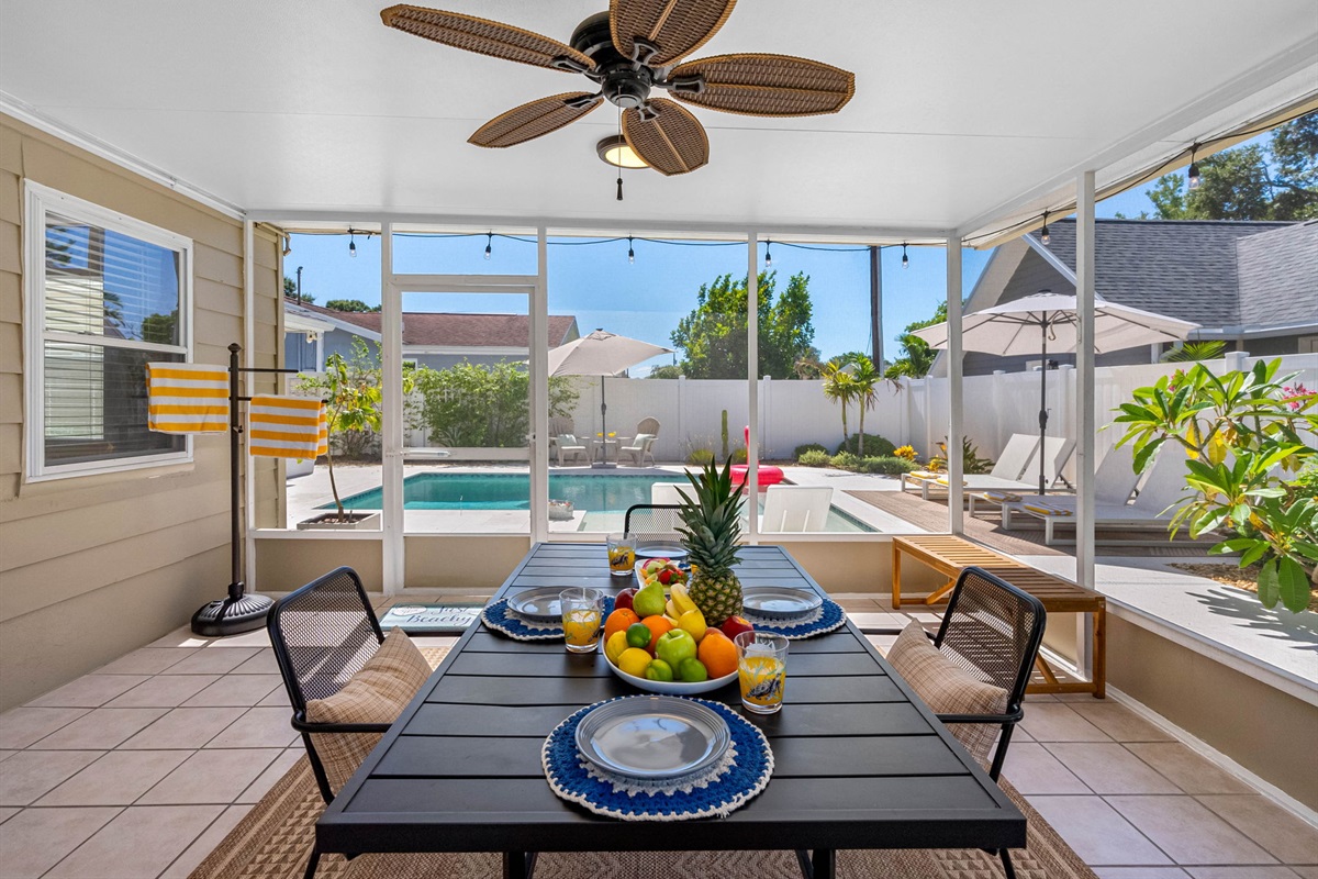 This airy patio is your front-row seat to the pool and garden. With comfortable seating and vibrant fruit-forward decor, it's perfect for both lounging and entertaining.