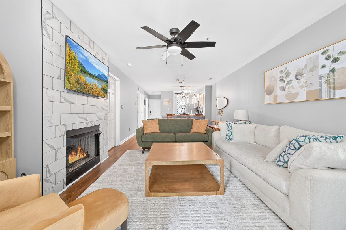 Living area features comfy sofas and a pull out if needed.