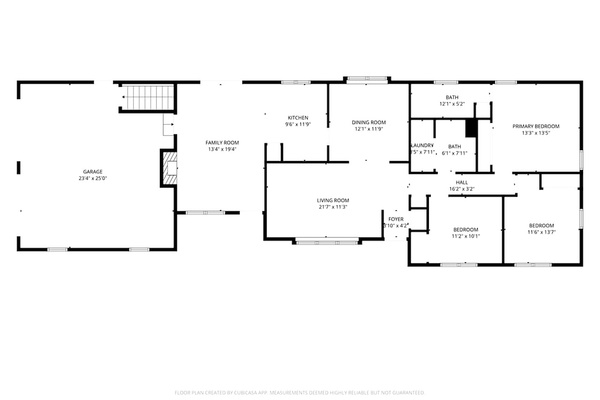 Floor plan: single-level layout with 3 bedrooms and 2 full baths on one level, no stairs 
