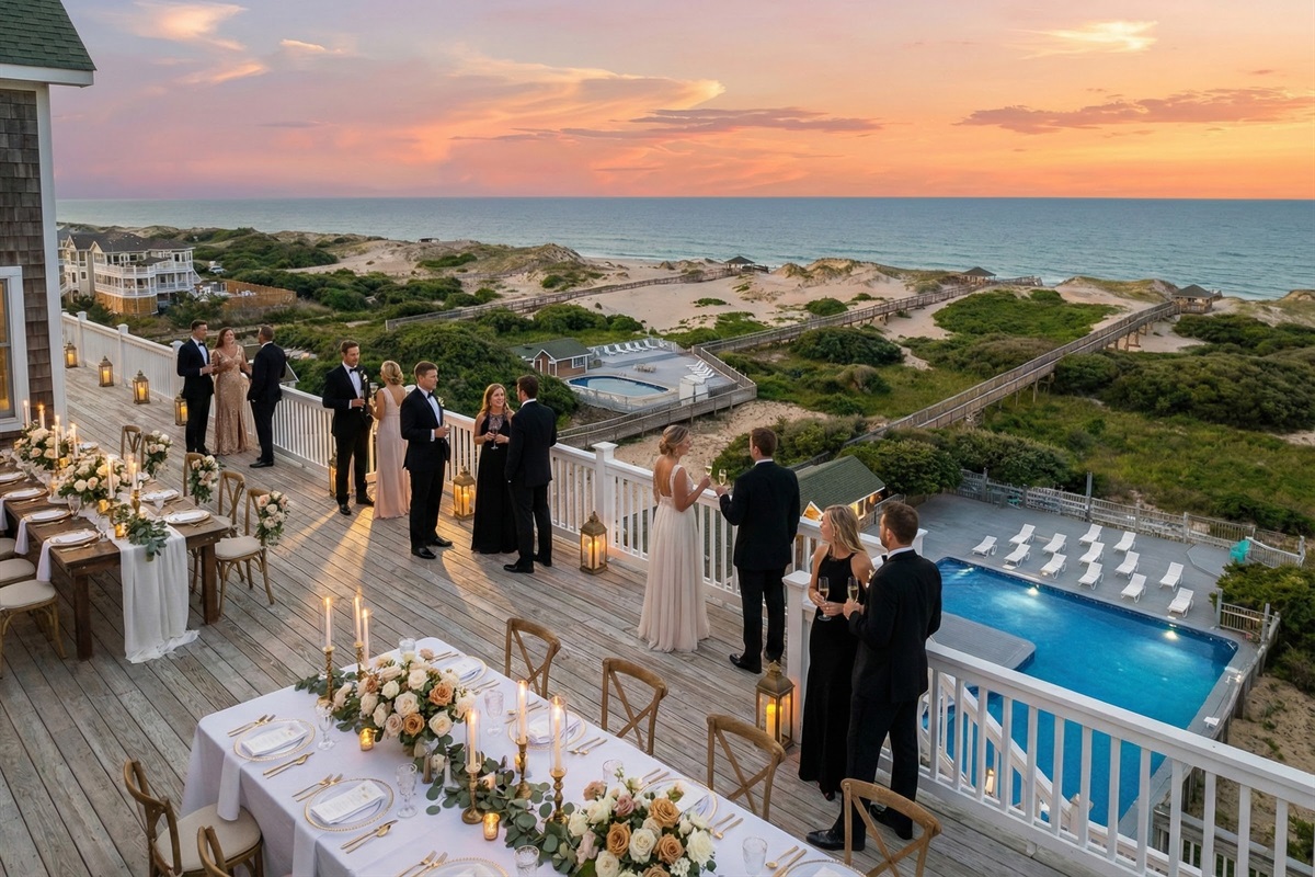 Romantic wedding ceremony setup on the pool deck with an ocean dune backdrop.