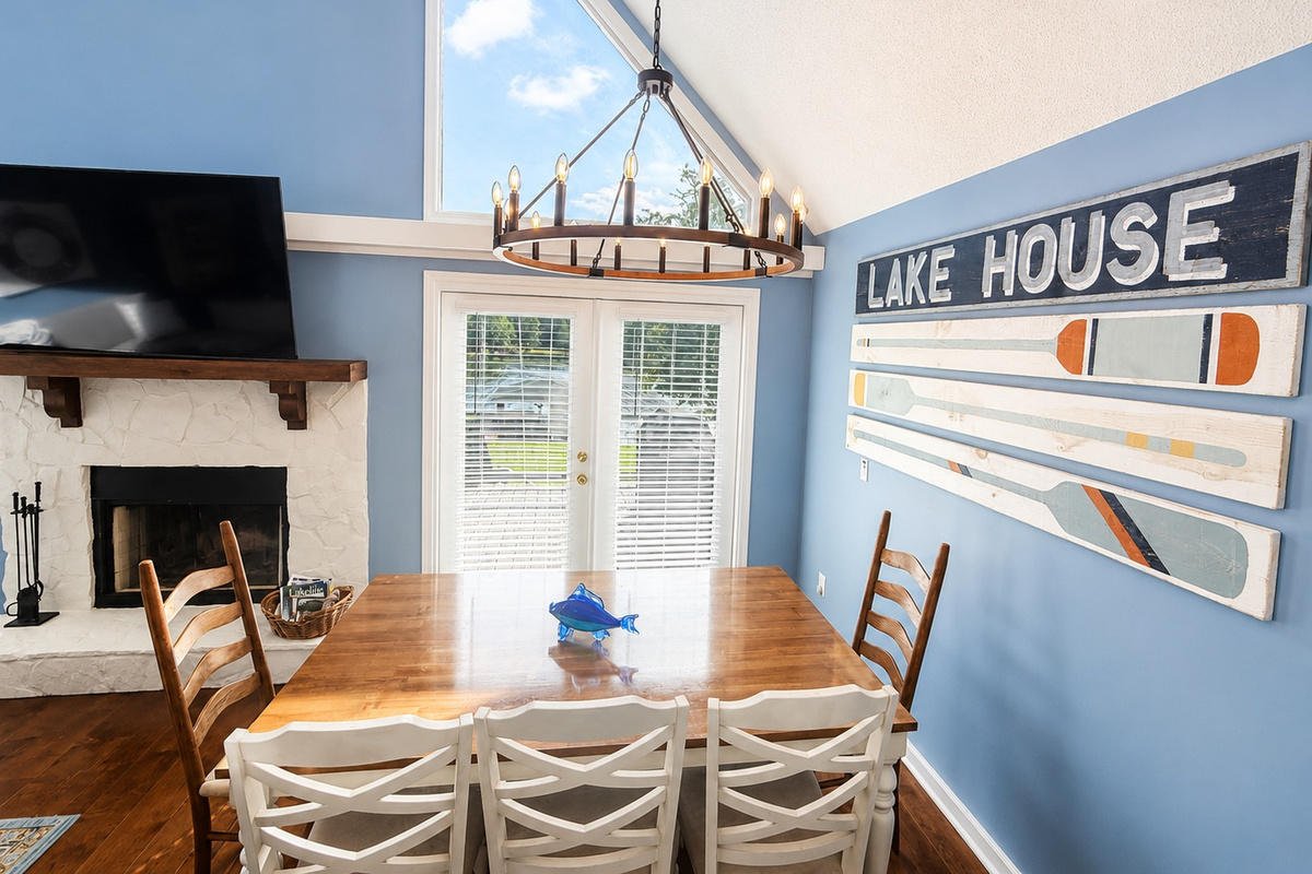 Bright dining area with scenic waterfront views