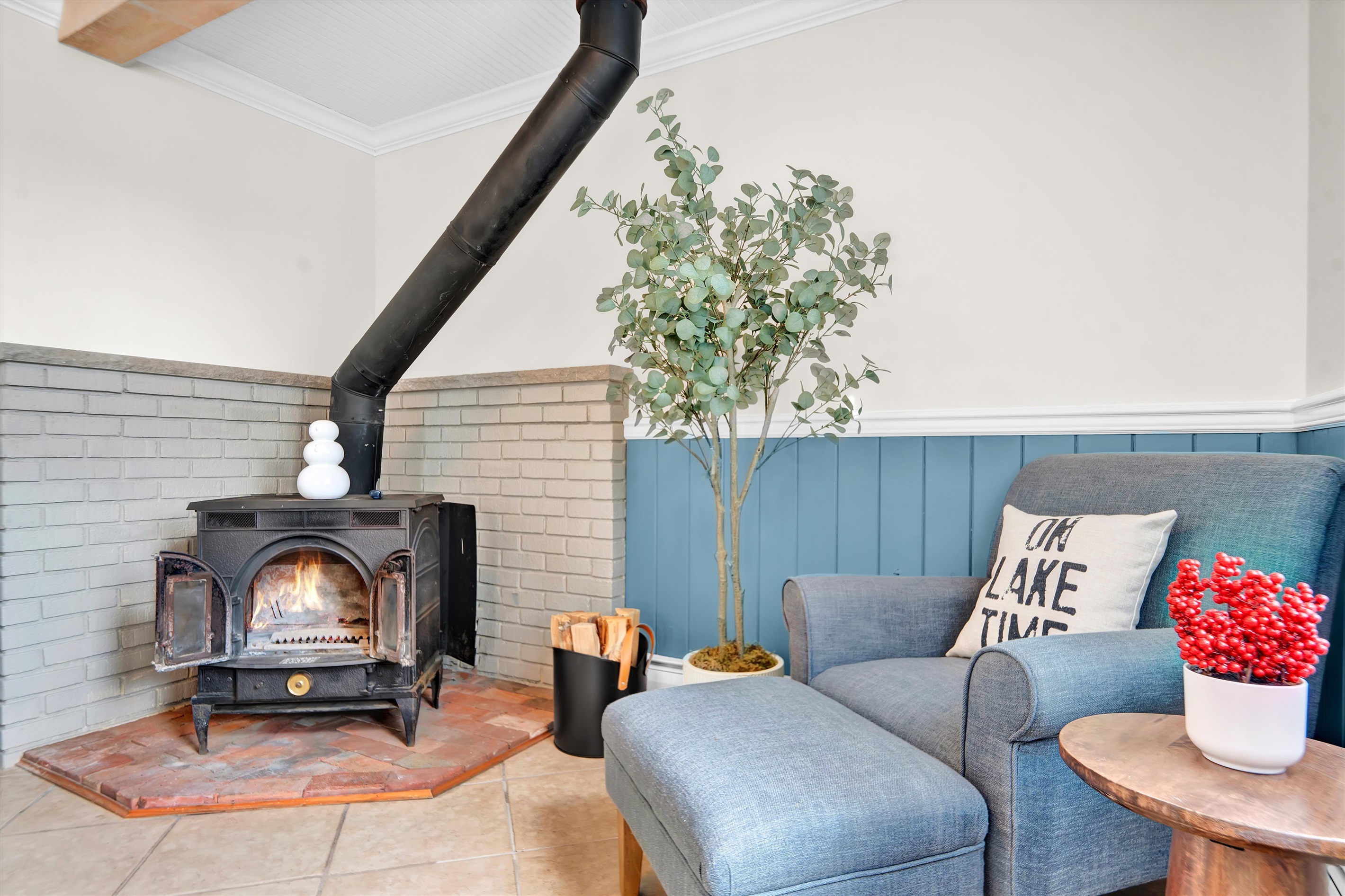 Crackling wood stove — the perfect winter retreat.
