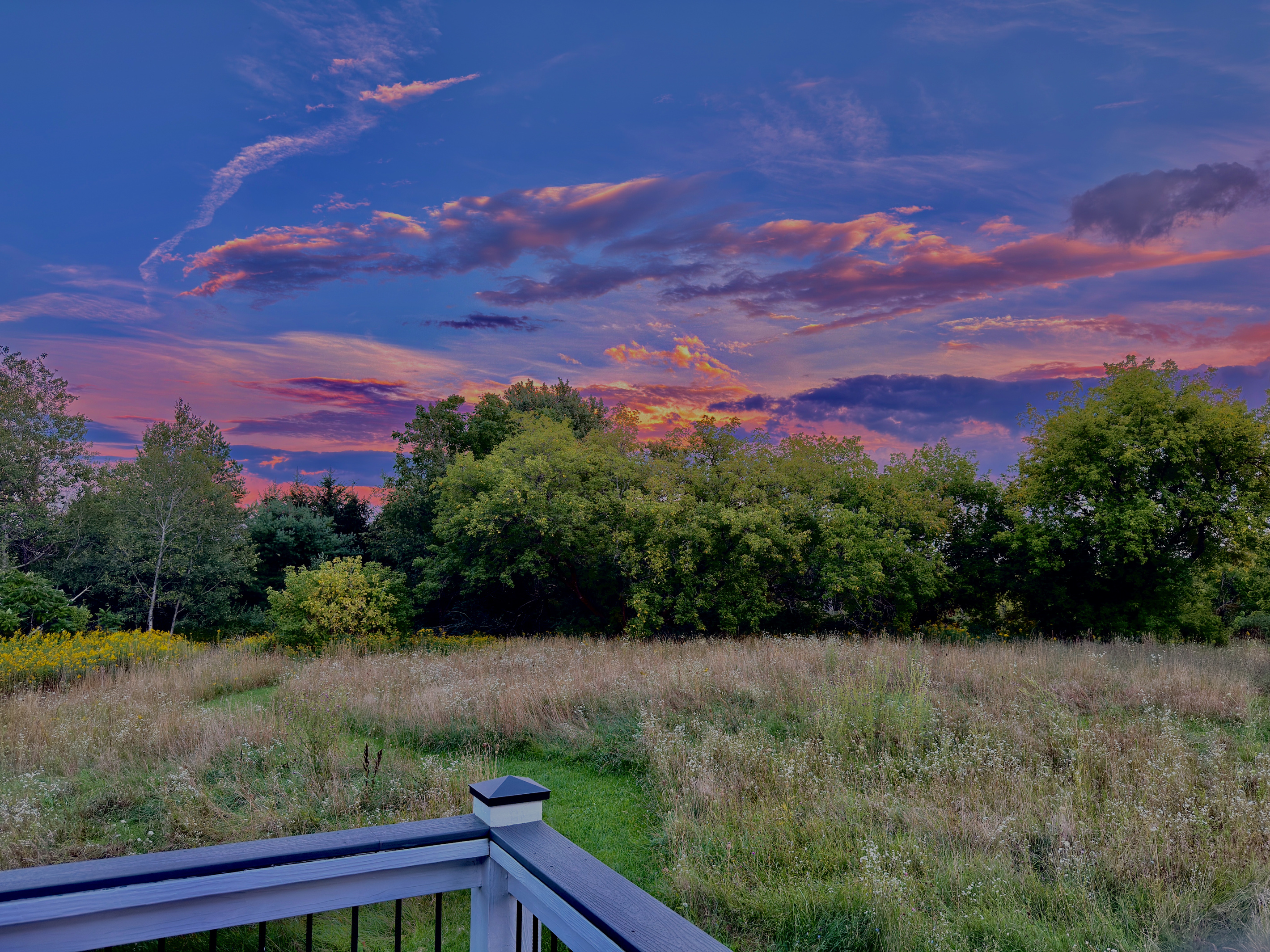 A rare visual feast over the meadow! While the deck faces east, stunning evening storm clouds and rare vibrant light shows occasionally illuminate the eastern sky.