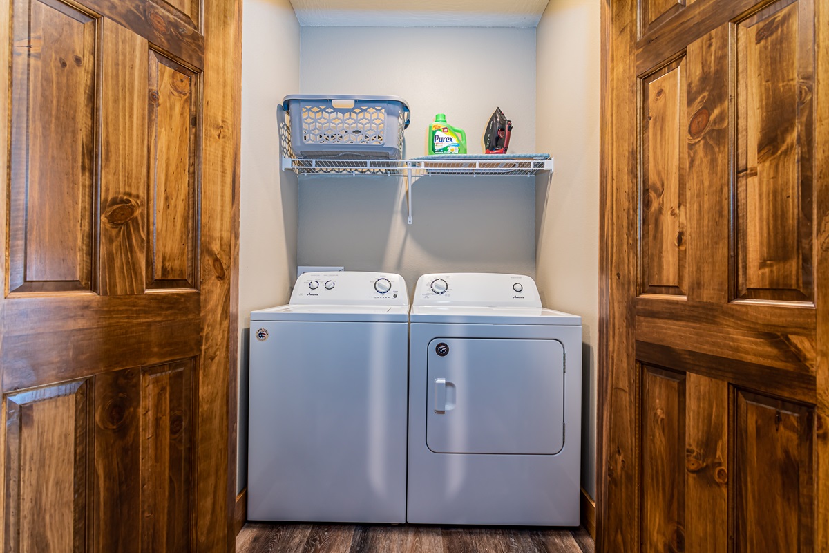 Full washer and dryer on the lower level. We provide laundry detergent!