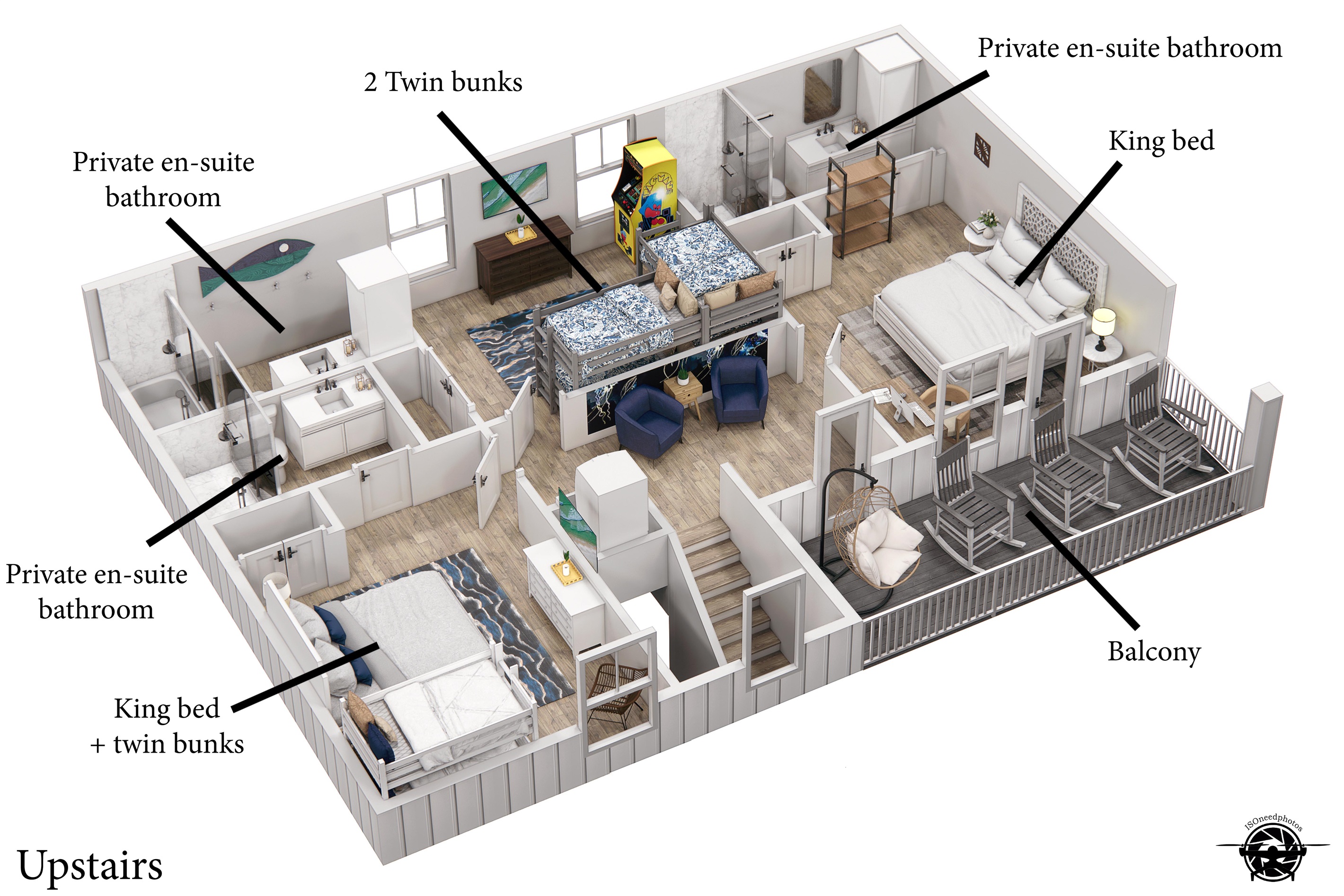 Upstairs floor plan. Room for all.