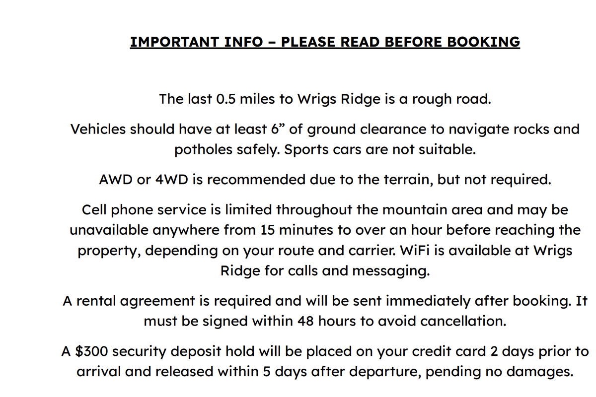 IMPORTANT INFO – PLEASE READ BEFORE BOOKING