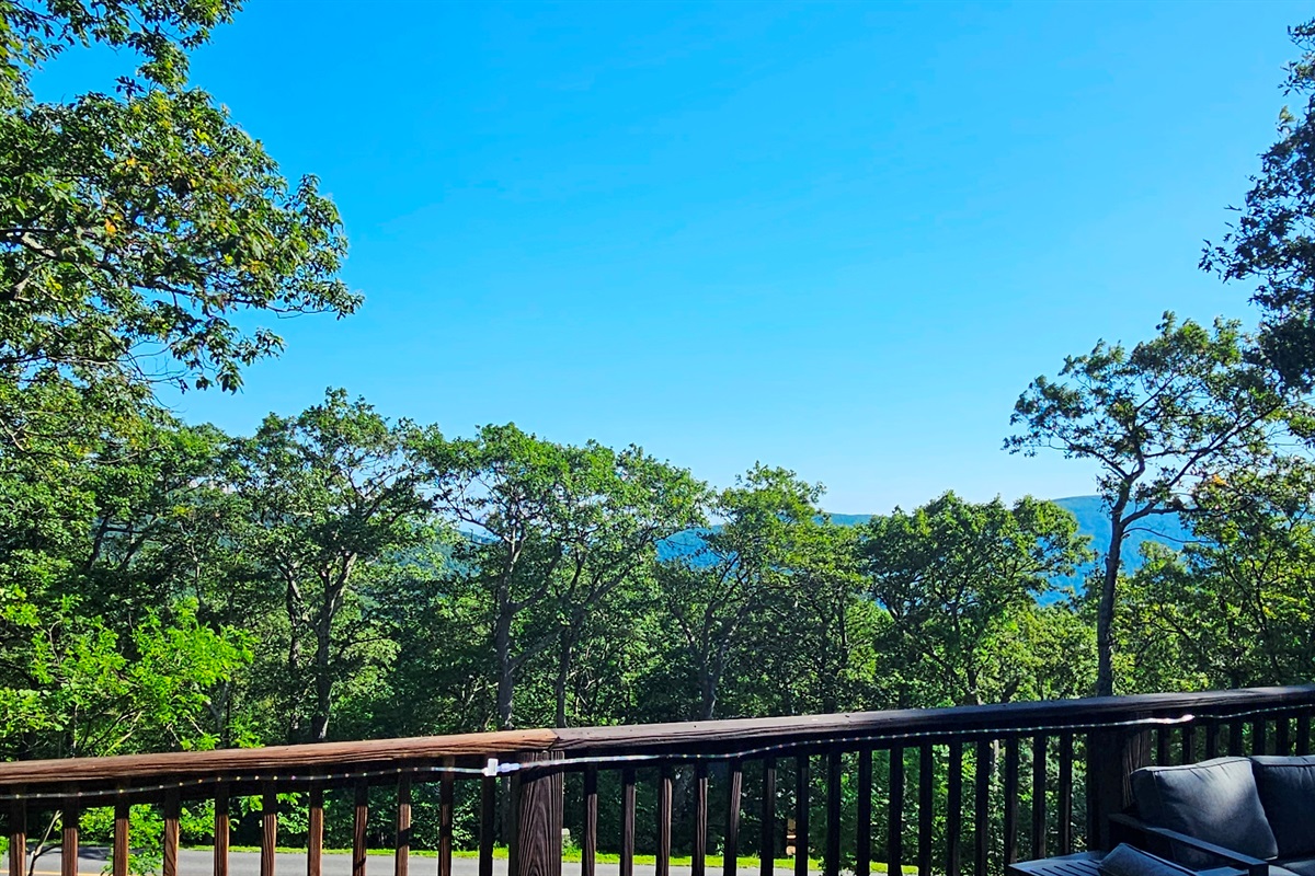 Framed in lush summer greens, the distant ridge-lines create a stunning backdrop for refreshments, conversation, or simply listening to the trees rustle