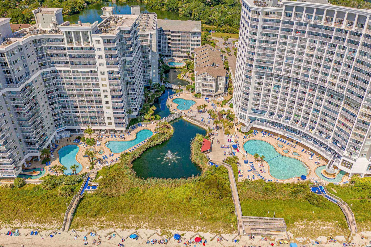Overhead photo of South Tower (On Left) and North Tower (on right) at SeaWatch resort 
