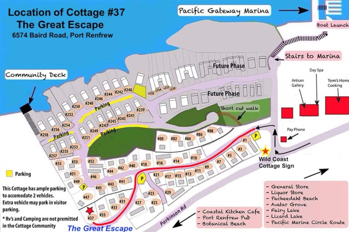 Map of Port Renfrew and location of 'The Great Escape'