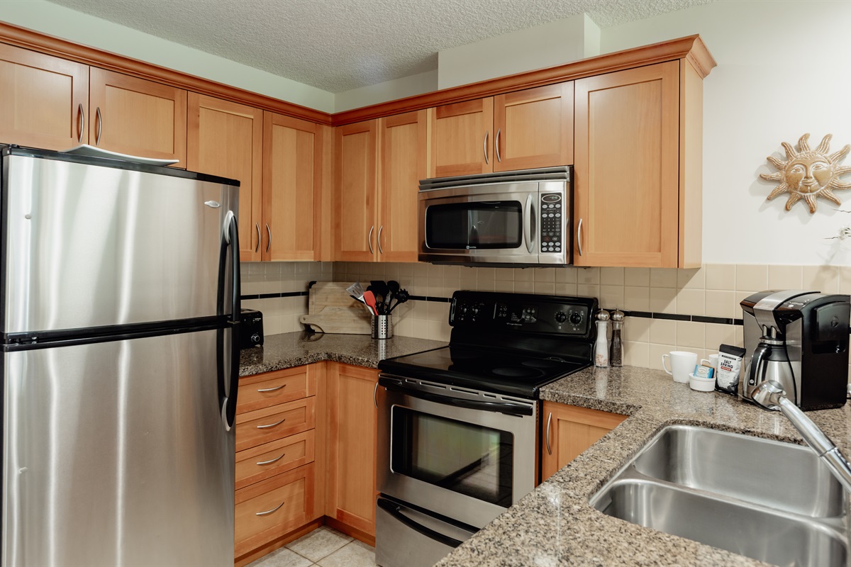 Unit A.  So much counterspace! Fridge, Stove, microwave and dishwasher all full size and stainless steel.