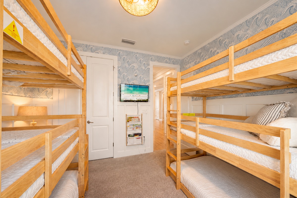Bunk Room (6 Twin Size Beds) with sound machine, TV, books and video baby monitor