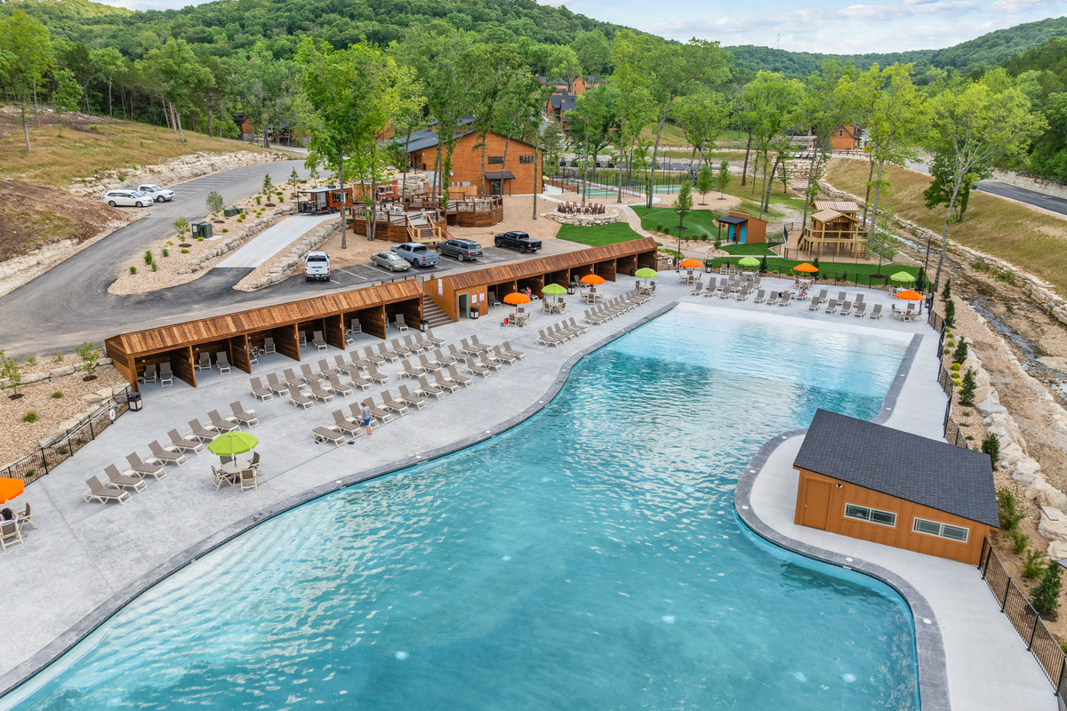 One of the largest outdoor pools in Southern Missouri, open through September! Zero entry, cabanas, food trucks, it's got it all!