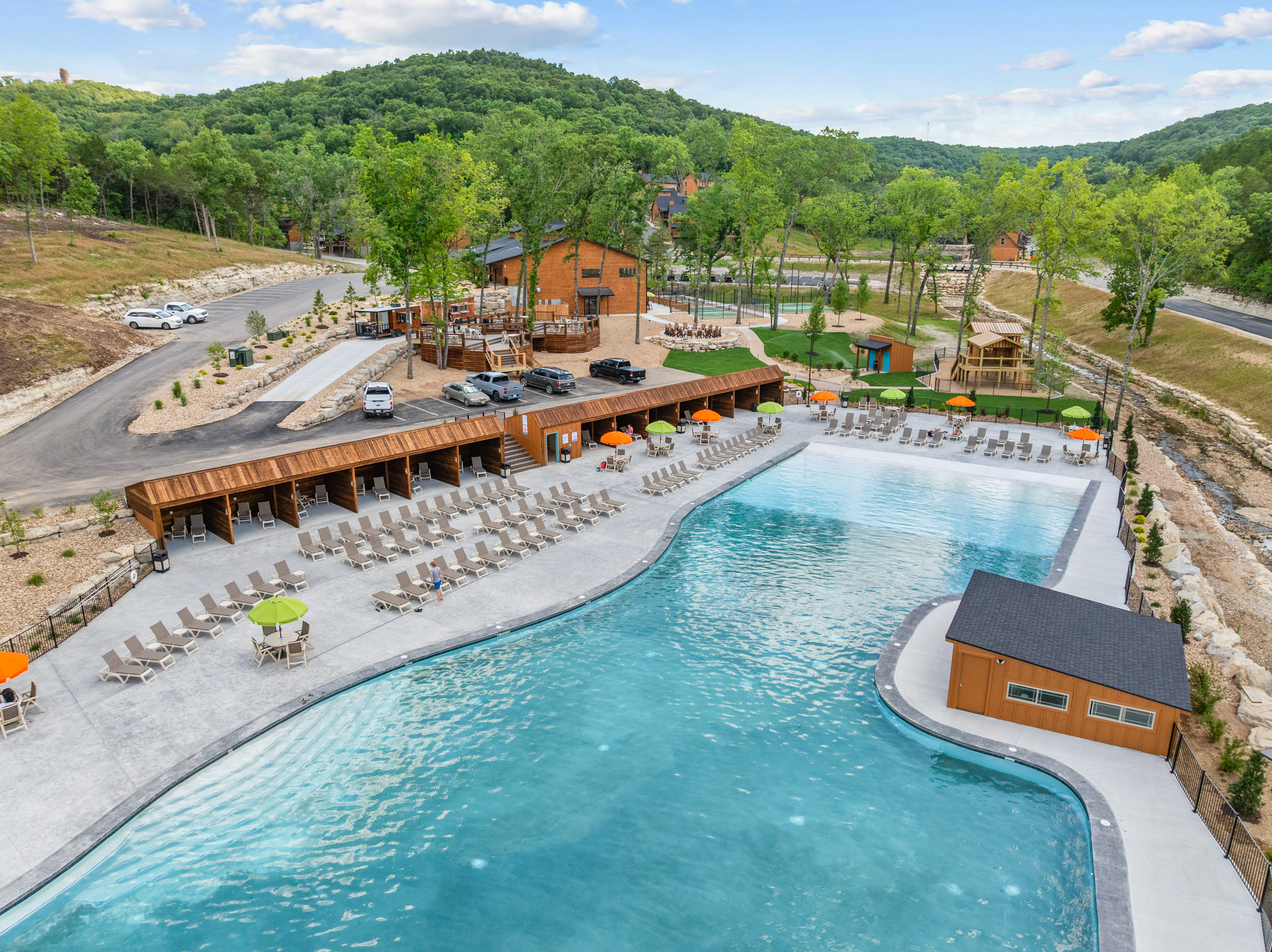 One of the largest outdoor pools in Southern Missouri, open through September! Zero entry, cabanas, food trucks, it's got it all!