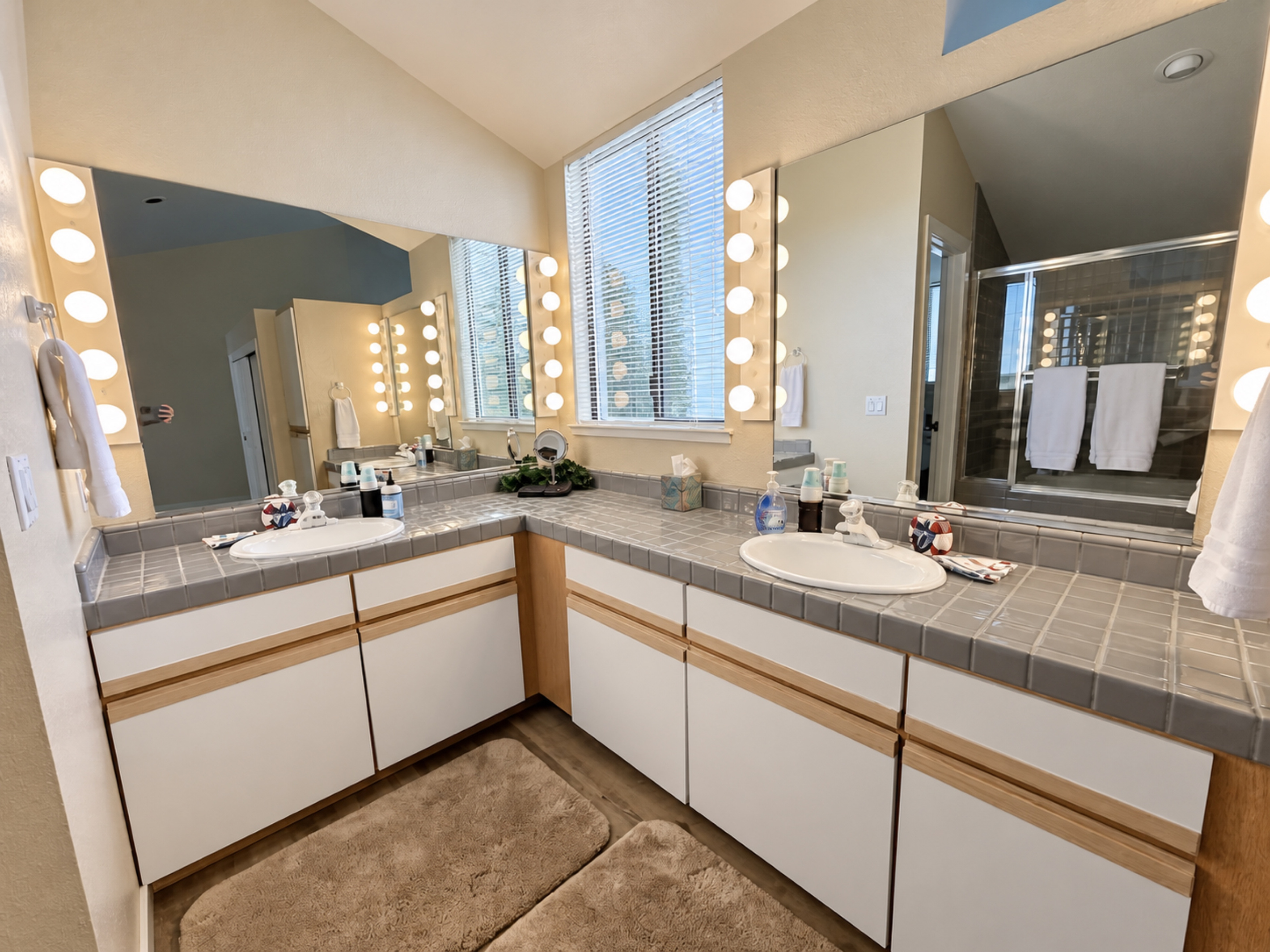 Master bathroom with double vanity in Master Suite. Sunken shower/tub combo with assistance rail for in/out.