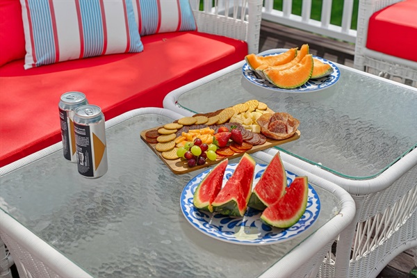 Enjoy your favorite food while relaxing in the outdoor furniture, perfect for open-air dining and unwinding.