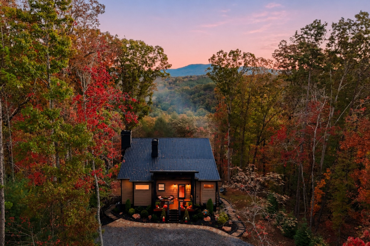 Bird’s‑eye view from above, treetops circle a warmly lit Boujee Lodge.