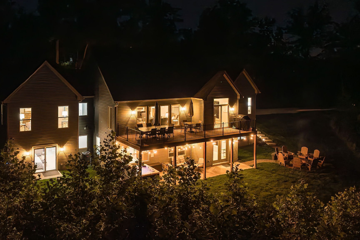The home glows beautifully after dark.