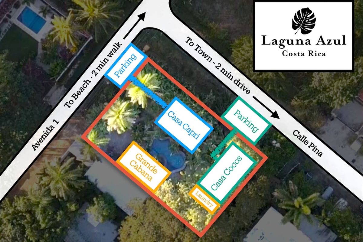 Casa Cocos shares Laguna Azul with a second villa called Casa Capri.  Casa Cocos has its own parking area next to the street with a private door and walkway to the villa.  The Grande Cabana, laundry room and garden areas are shared with Casa Capri.  