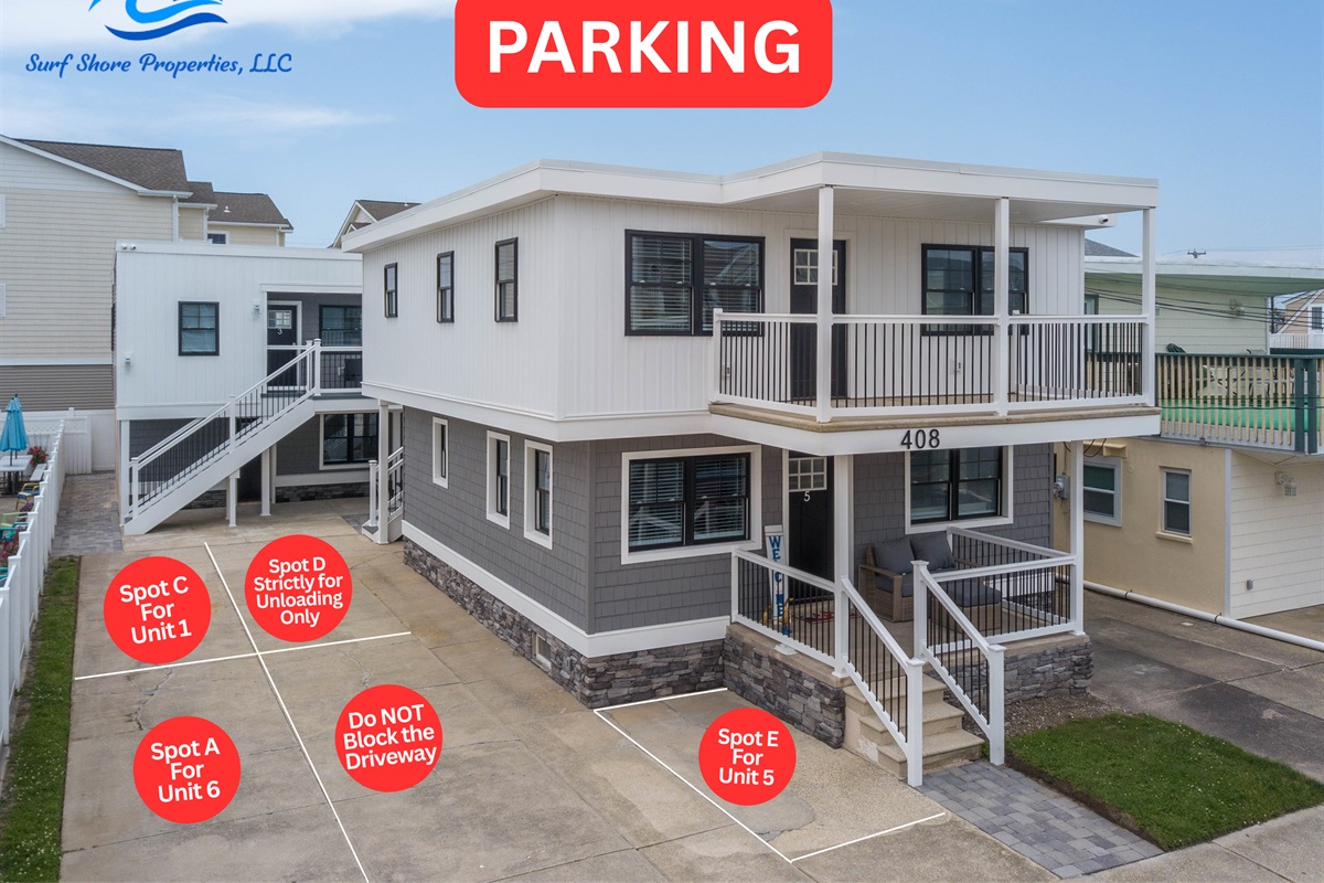 Clearly marked on-site parking for each unit ensures a hassle-free arrival. Spot assignments and unloading zone are labeled for convenience, with private access just steps from your door. Please avoid blocking the driveway.