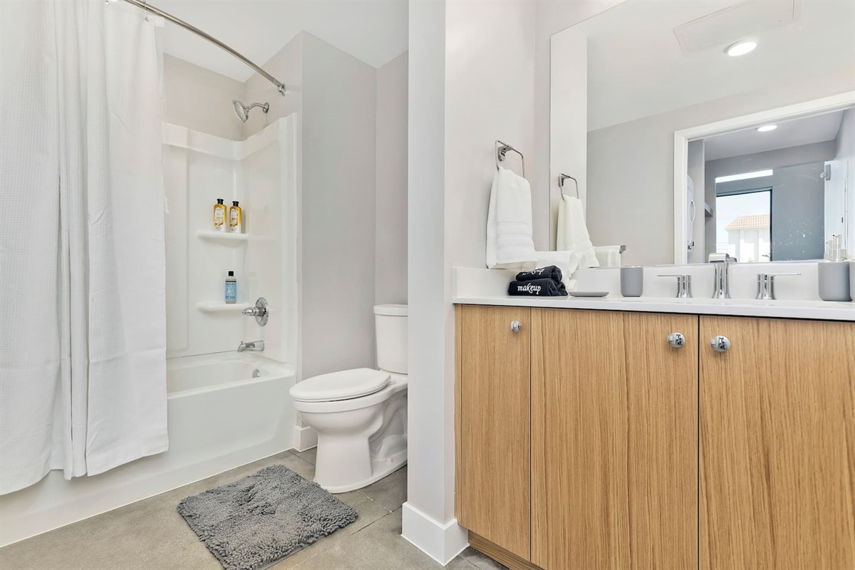 Large bathroom is ADA adaptable. We have not installed grab bars