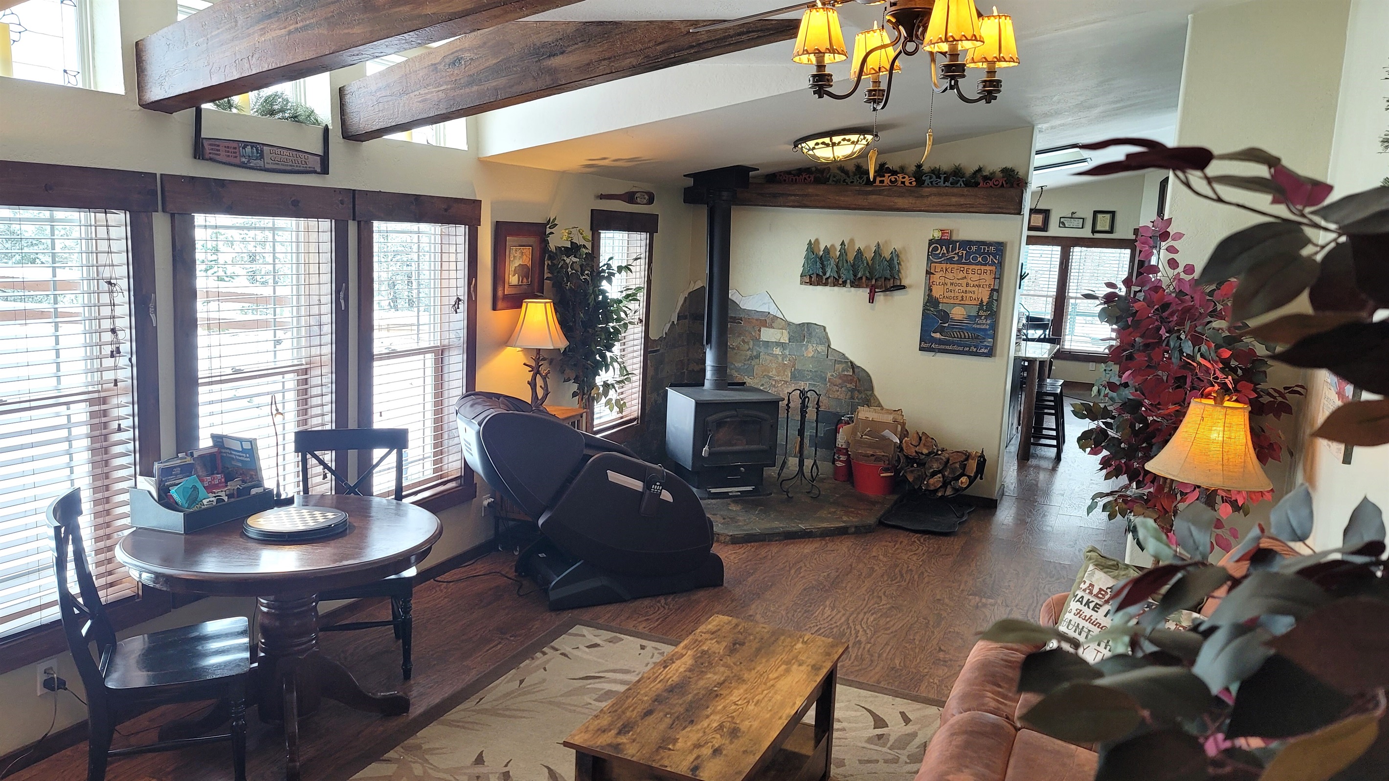 Relax in the Massage chair next to a roaring fire or play games with the family!  This sofa has 2 recliners built in!