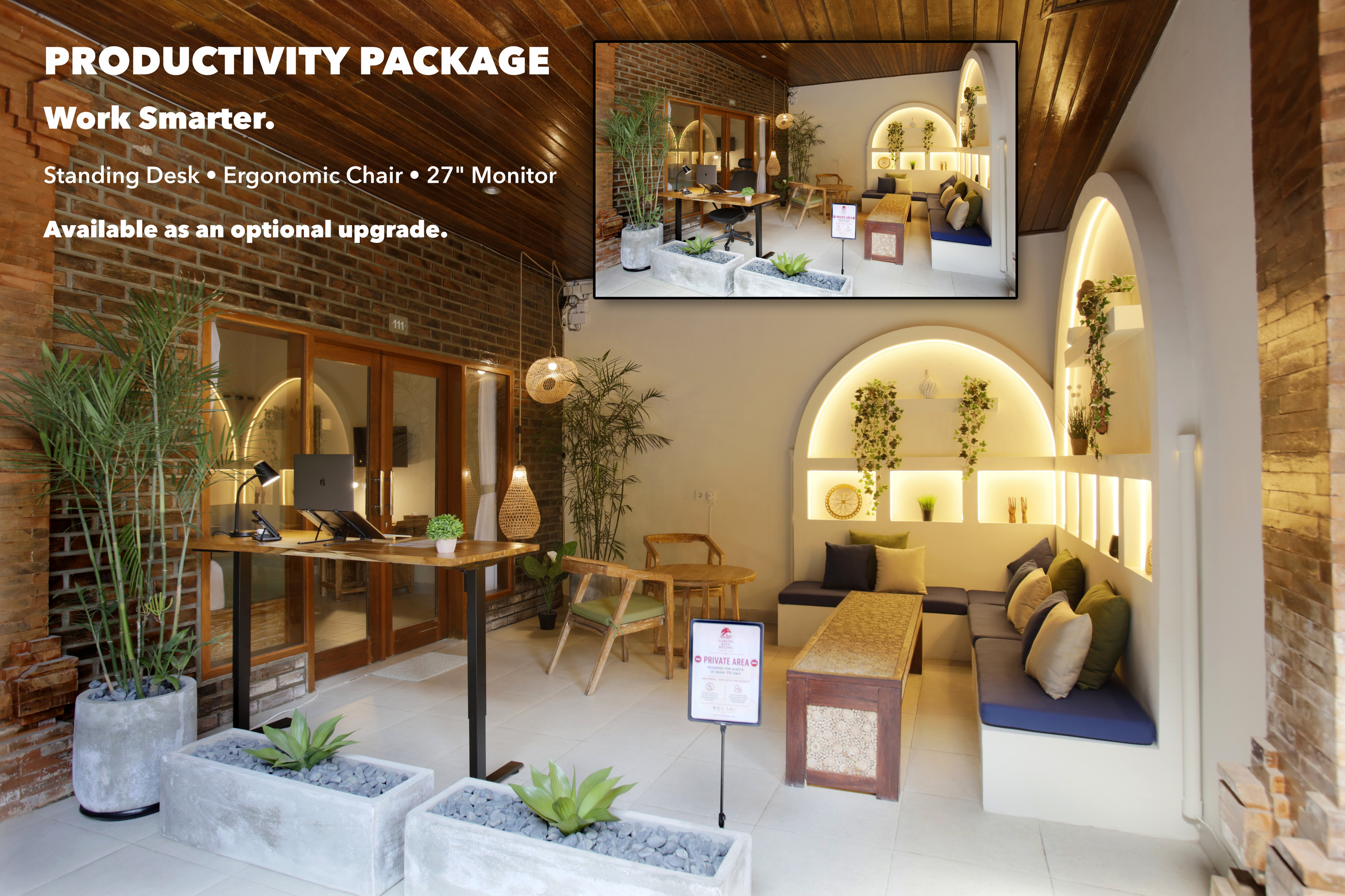 Step outside into your private retreat, a peaceful spot to unwind while overlooking the pool and lush garden. Production Package not included.
