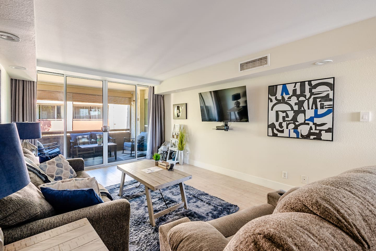 A myriad of entertainment options including a 55" 4k TV, Cox Contour Cable with all the channels, and an Amazon Echo Dot with Alexa services. Open the balcony doors for true indoor/outdoor living!
