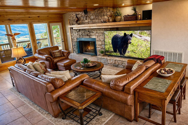 Wood-burning fire, Roku TV and front and back mountain views, Tanasi Lodge