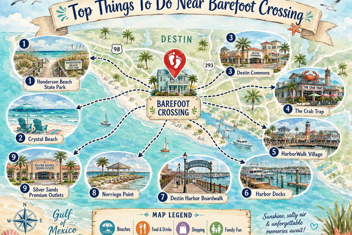 Explore the best of the Emerald Coast, from beautiful beaches and waterfront dining to shopping, harbor walks, and family-friendly attractions, all just a short drive from Barefoot Crossing. 🌴🌊