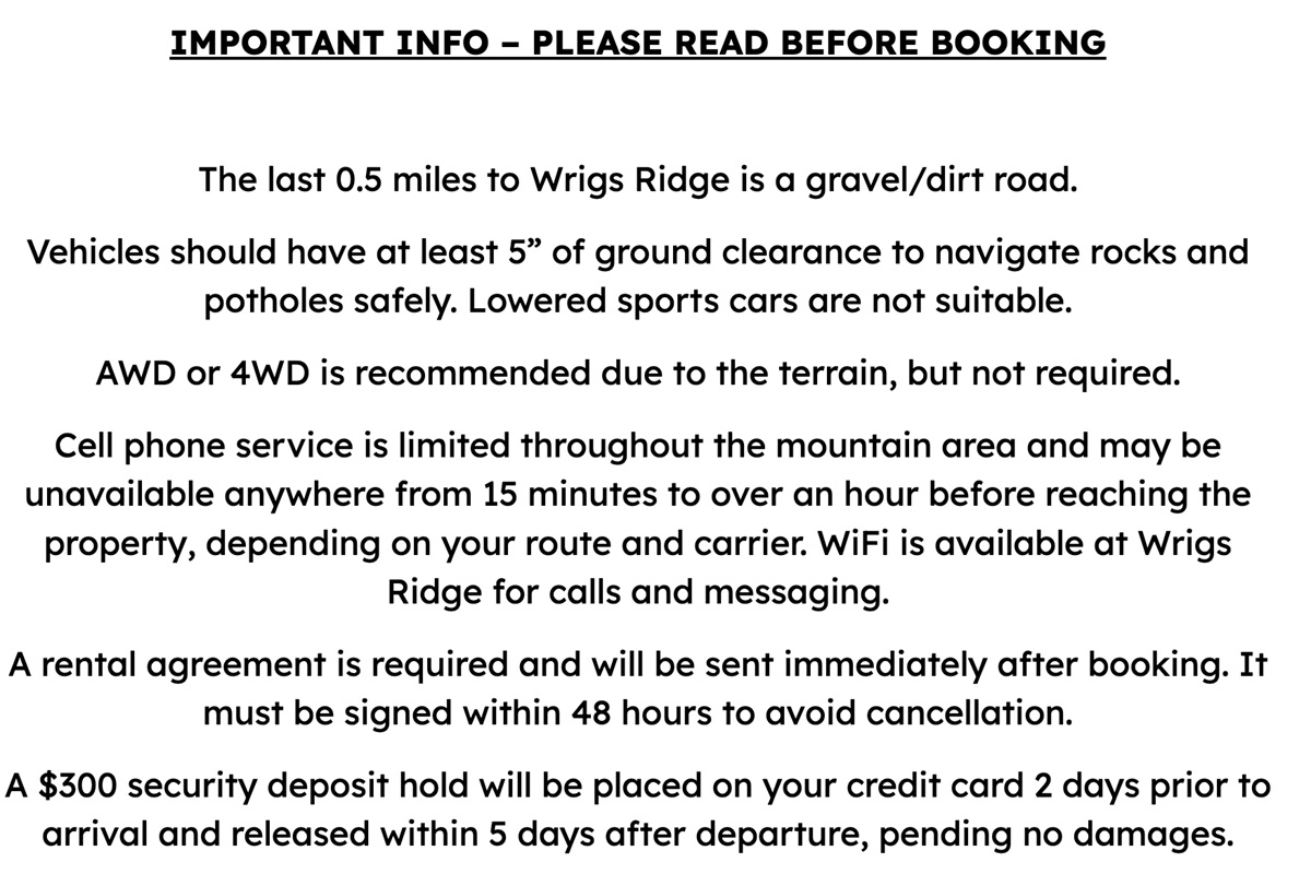 IMPORTANT INFO – PLEASE READ BEFORE BOOKING