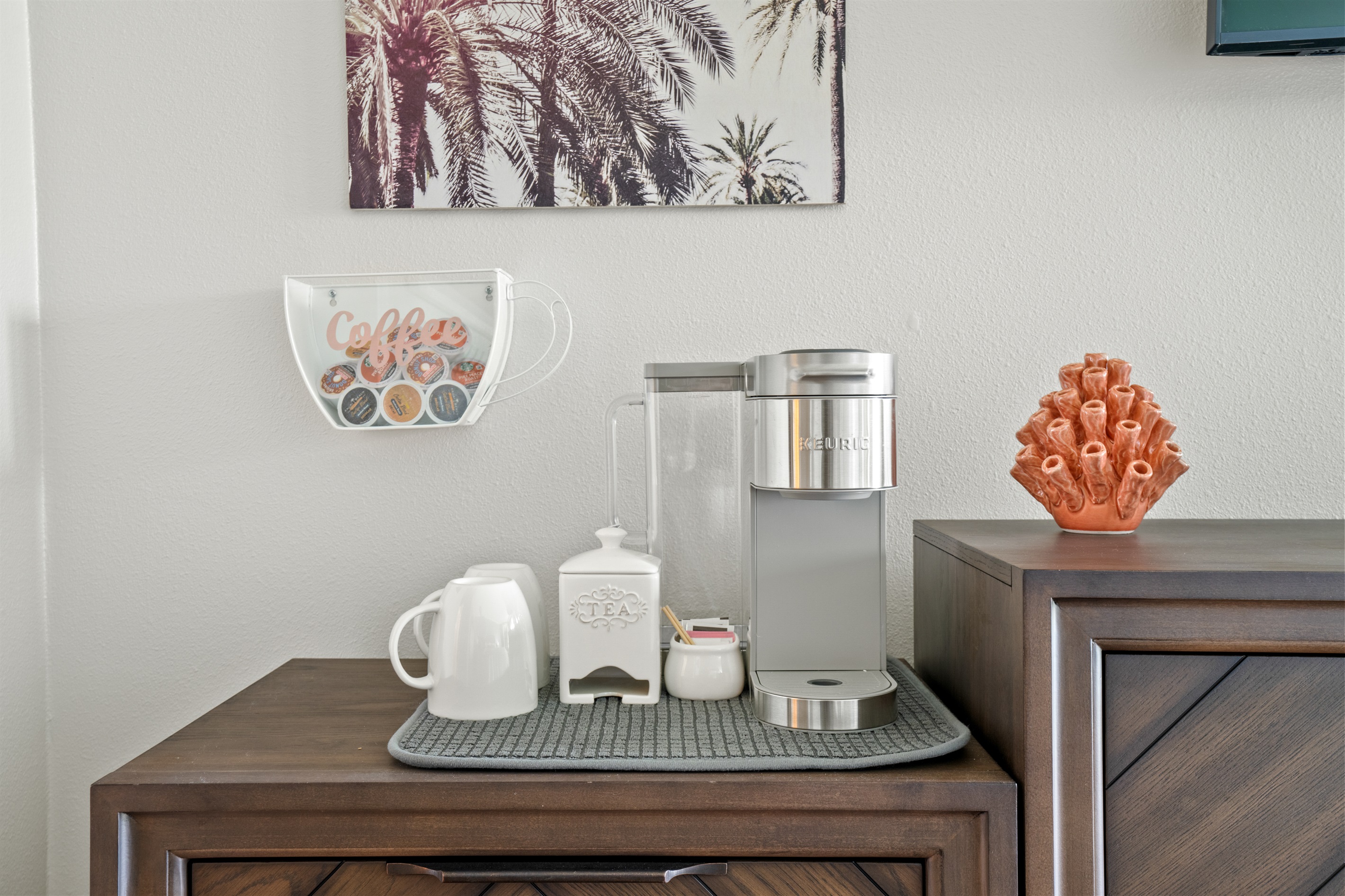 Keurig + Mini Fridge  In-room Keurig, fridge, and essentials for easy, comfortable mornings.