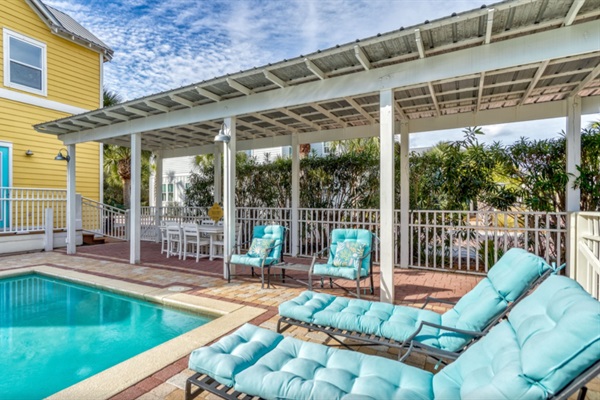 Private Heated pool and lounge area with covered parking