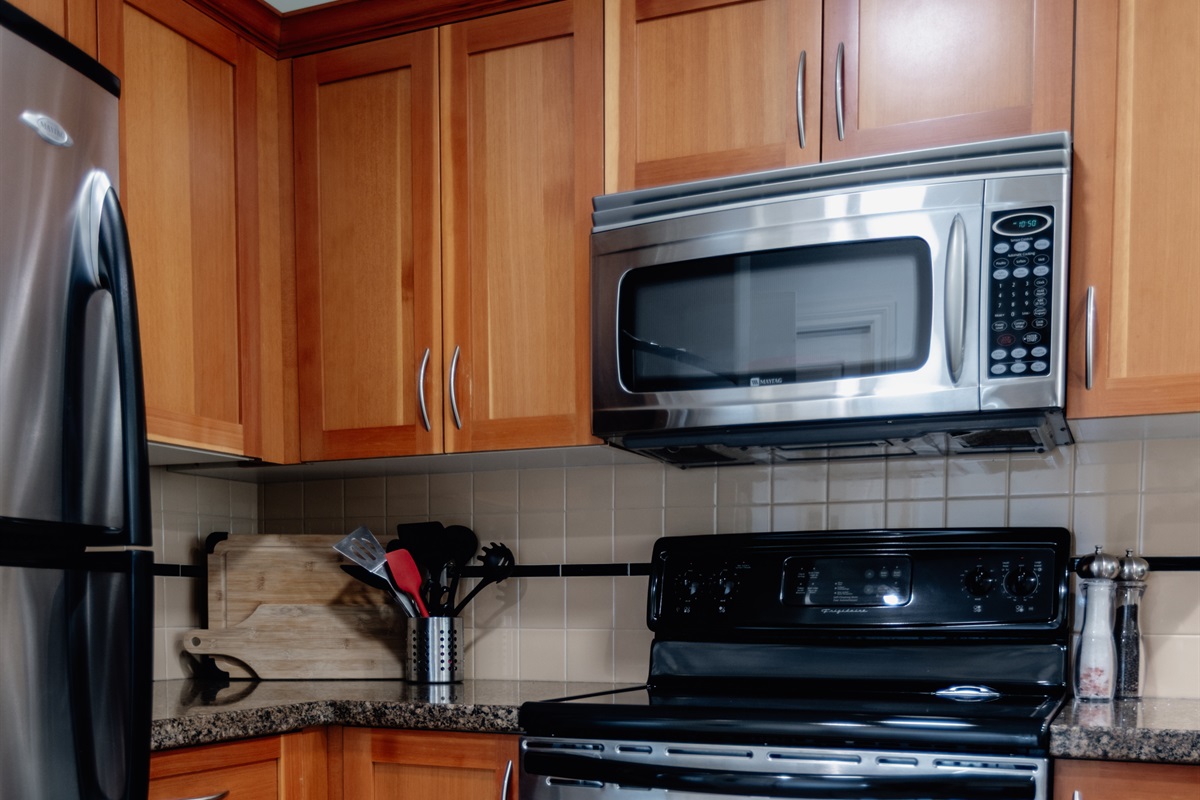 Unit A.  So much counterspace! Fridge, Stove, microwave and dishwasher all full size and stainless steel.