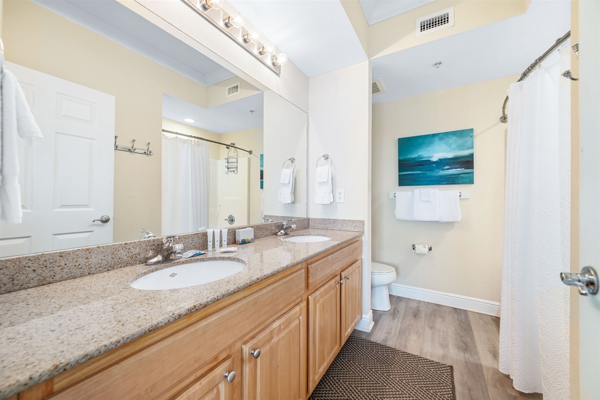 Start your day refreshed! This bright and spacious bathroom features an elegant vanity with plenty of counter space and modern fixtures, including a shower/tub combo.
