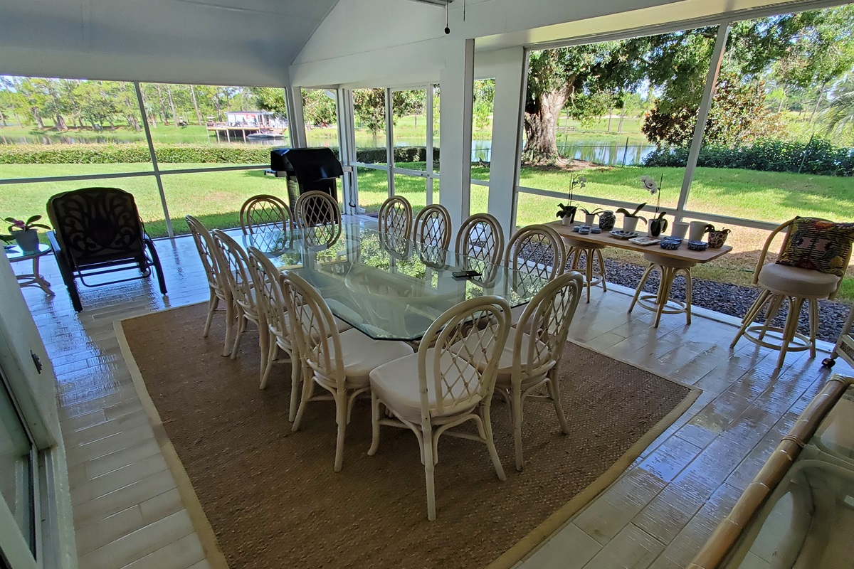 Outdoor dining area that seats 12 comfortably.