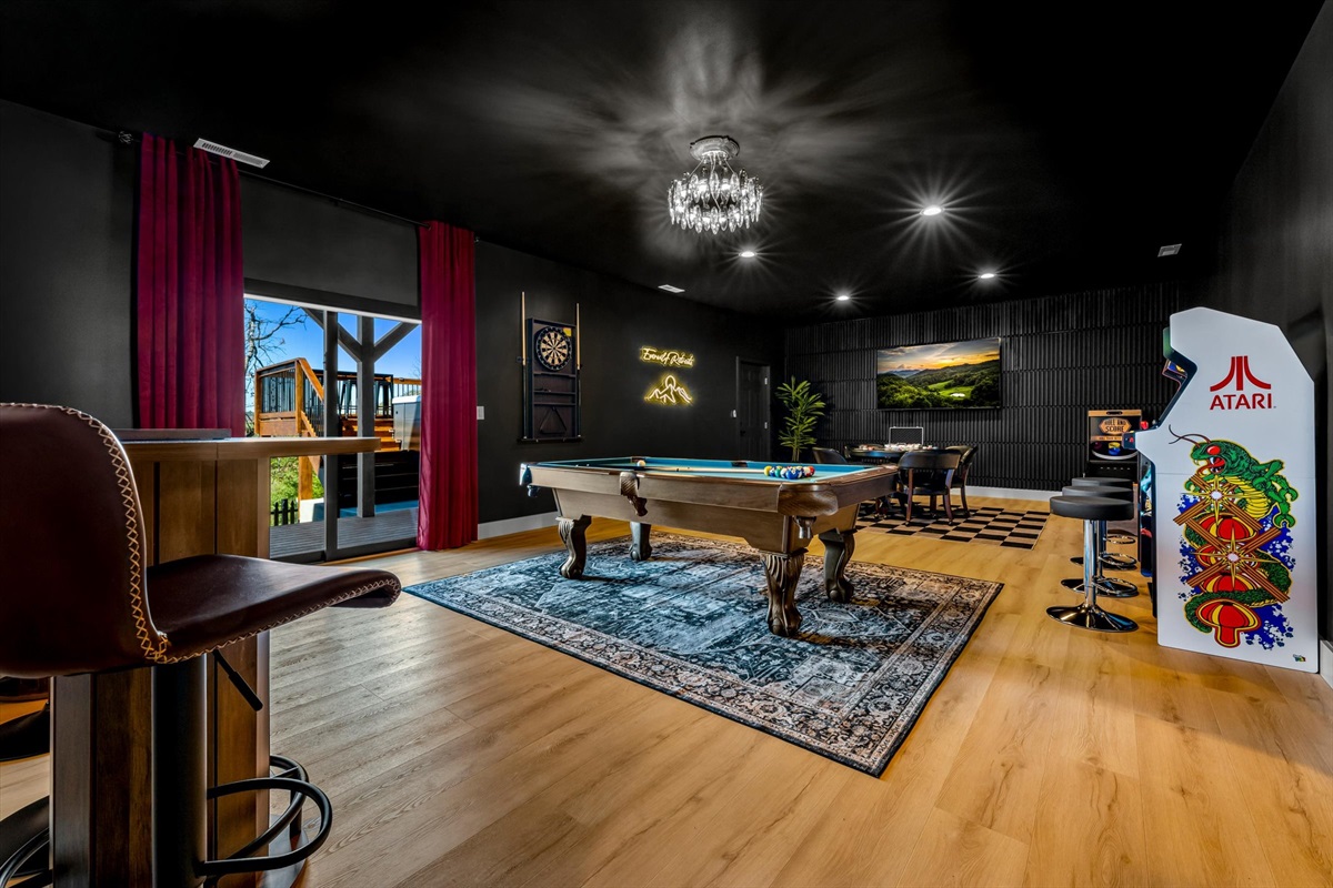 {Speakeasy Game Room) Set the tone for the night — pool, arcade games, ski ball, darts, and more, right in your own private speakeasy. 
