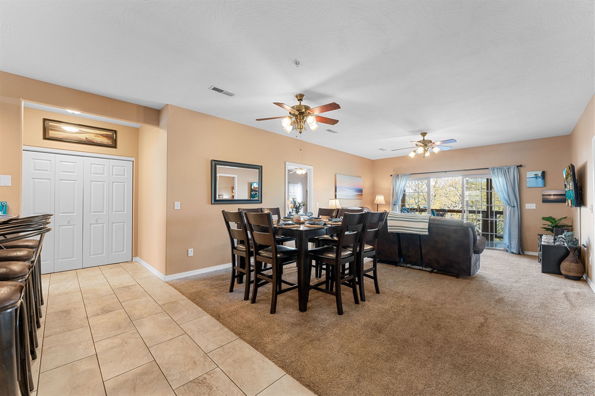 The dining and living areas are connected for great family time together