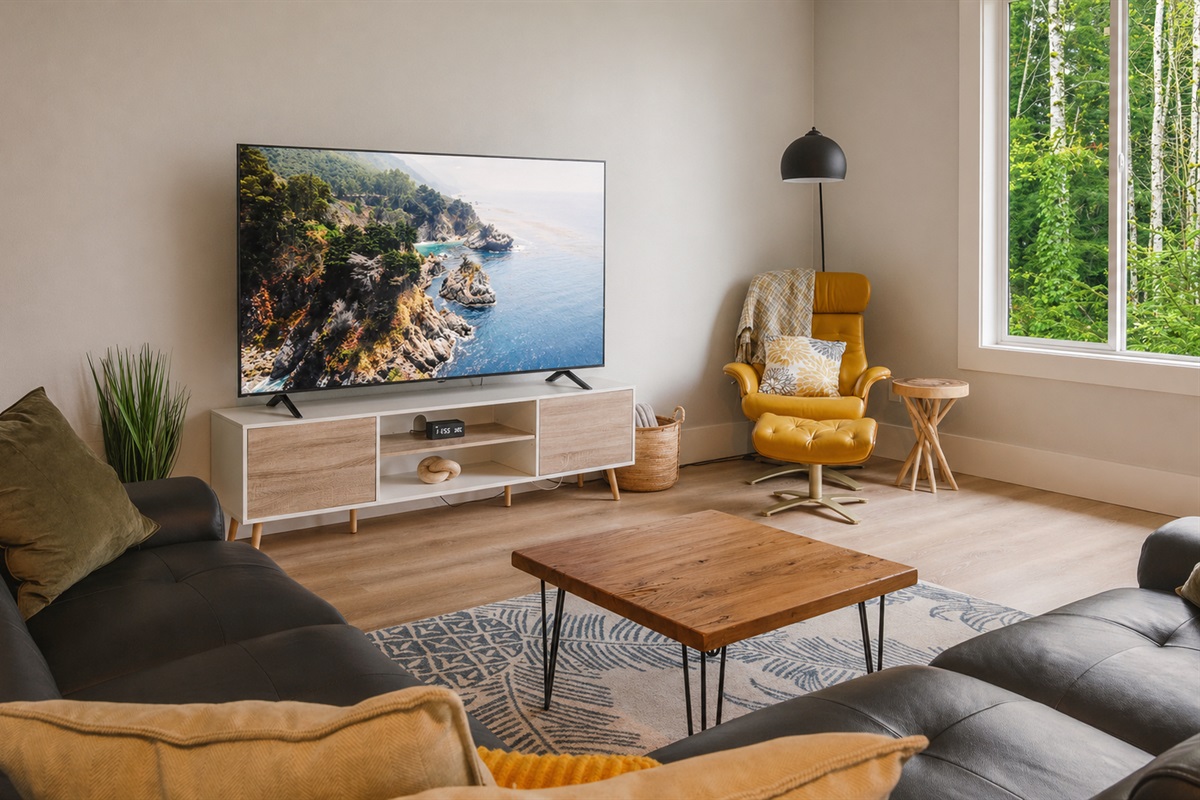 Living room with a 75-inch LG Nano smart TV and plenty of seating for family movie nights, laughter, and shared stories.
