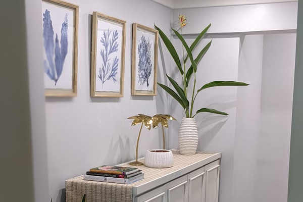 This is the hallway leading into the primary bedroom. Inside the cabinet there are extra super plush towels and linens. 