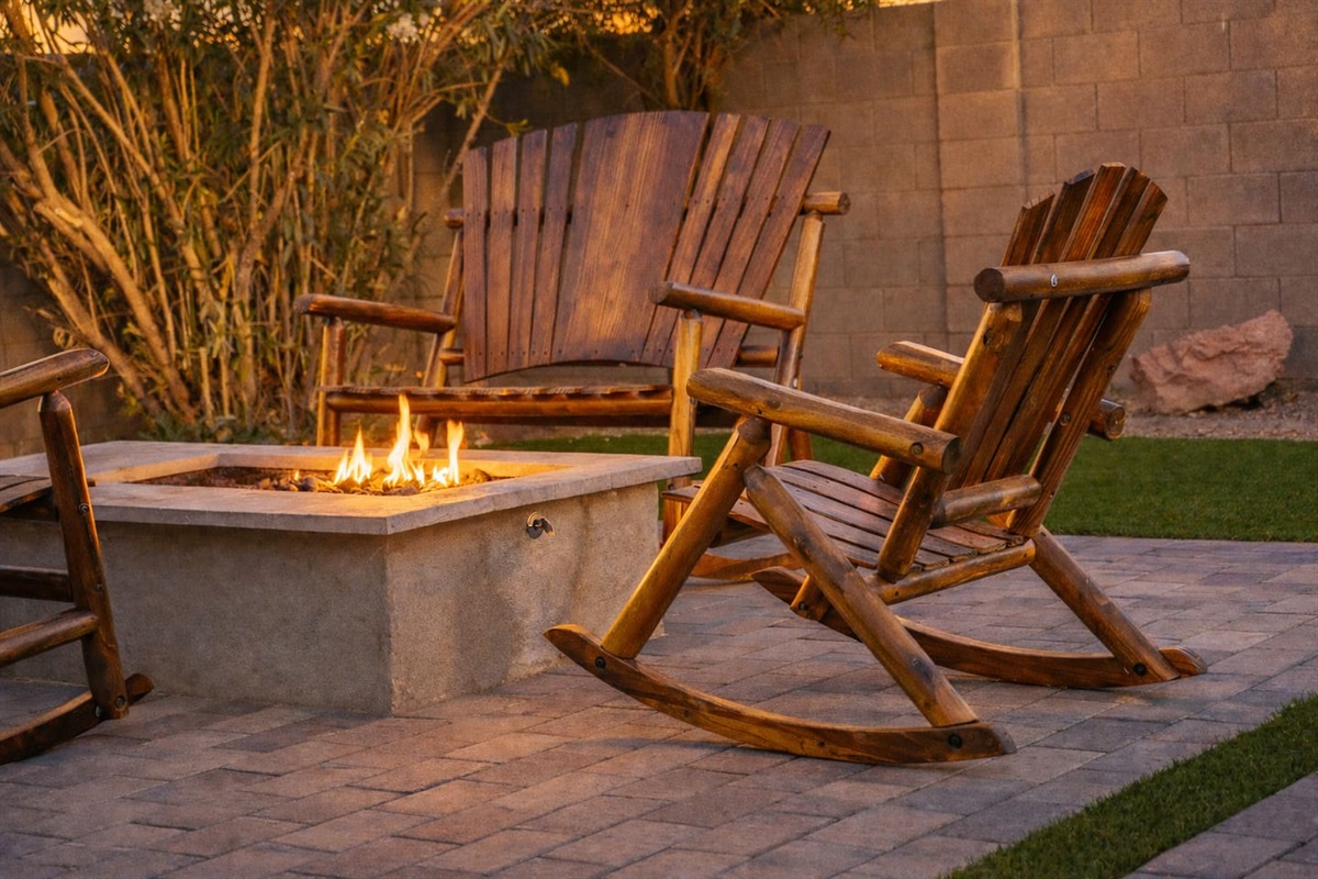 Unwind under the desert sky—cozy firepit seating perfect for evening conversations, late-night laughs, and relaxing after a day in Scottsdale