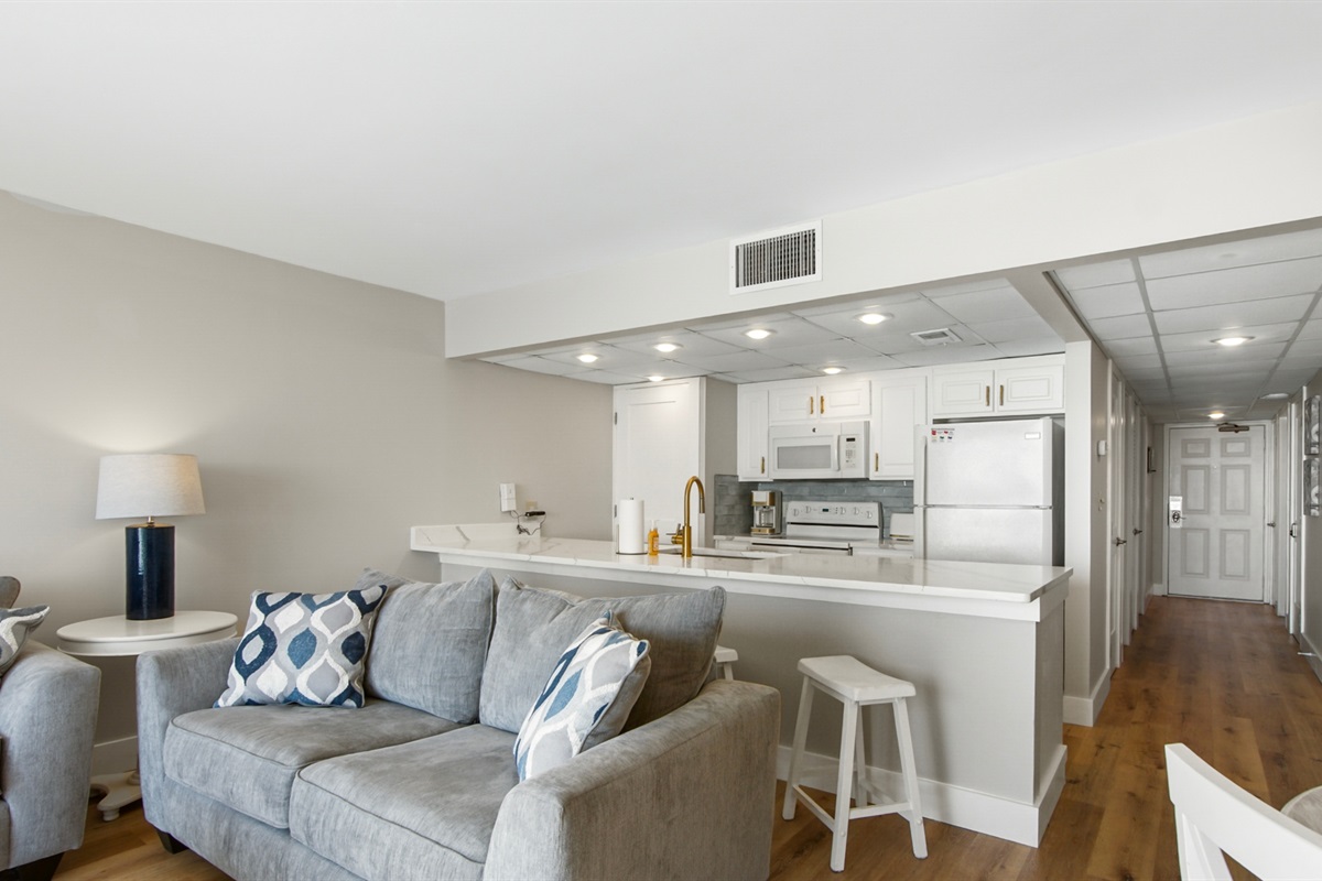 Seating and kitchen area